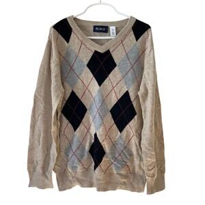 The Children's Place Boys Tan Argyle V-Neck Sweater Size 7/8 Medium